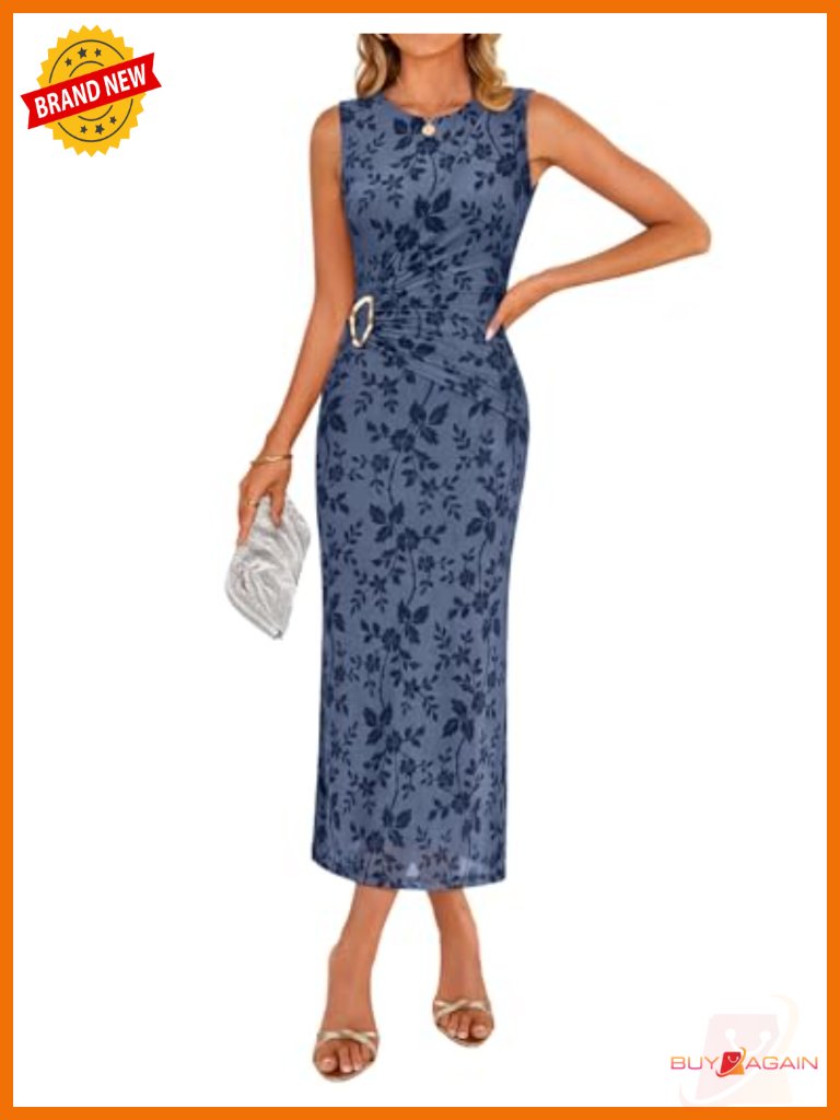 Sleeveless Floral Bodycon Midi Dress Ruched Mesh Wrap Wedding Guest
